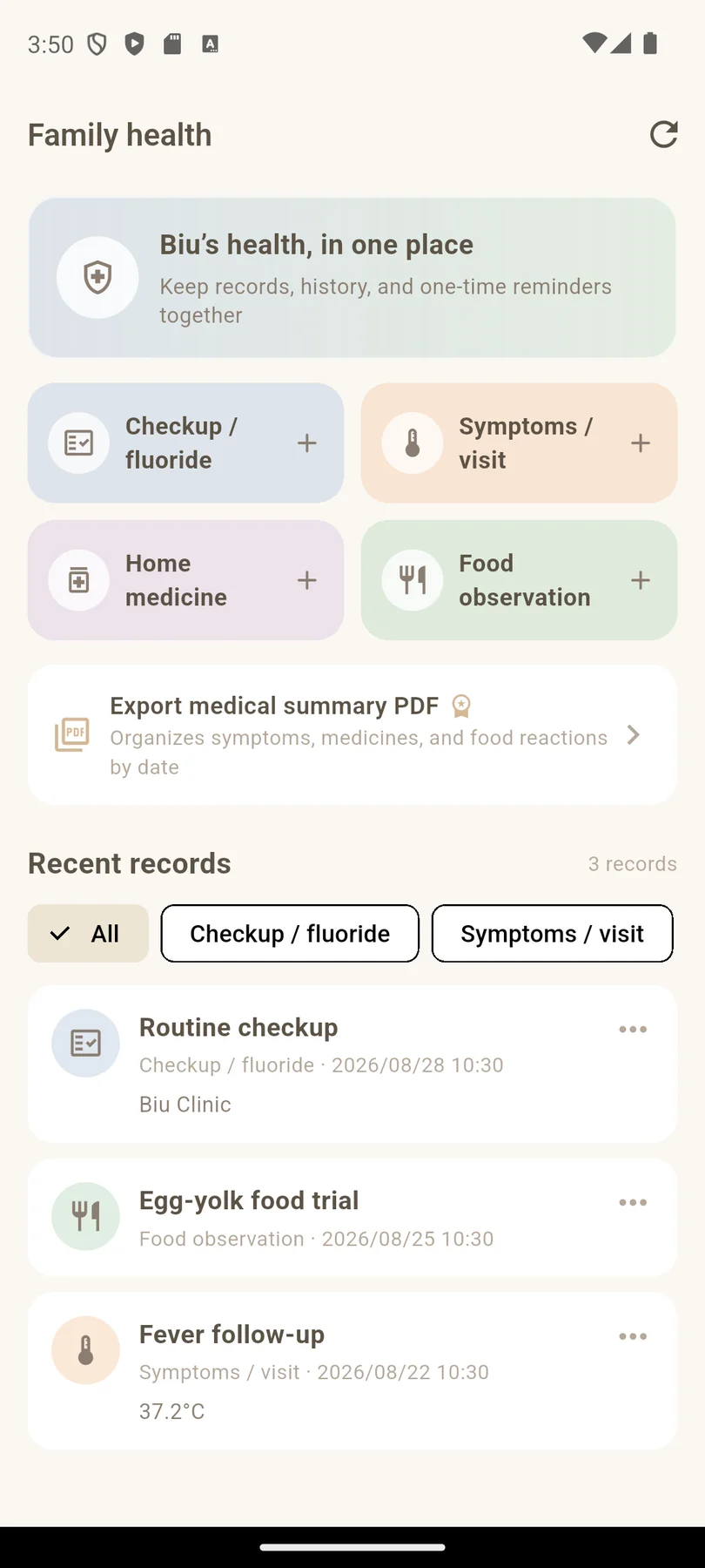 Keep checkups, symptoms, medicines, and food reactions together