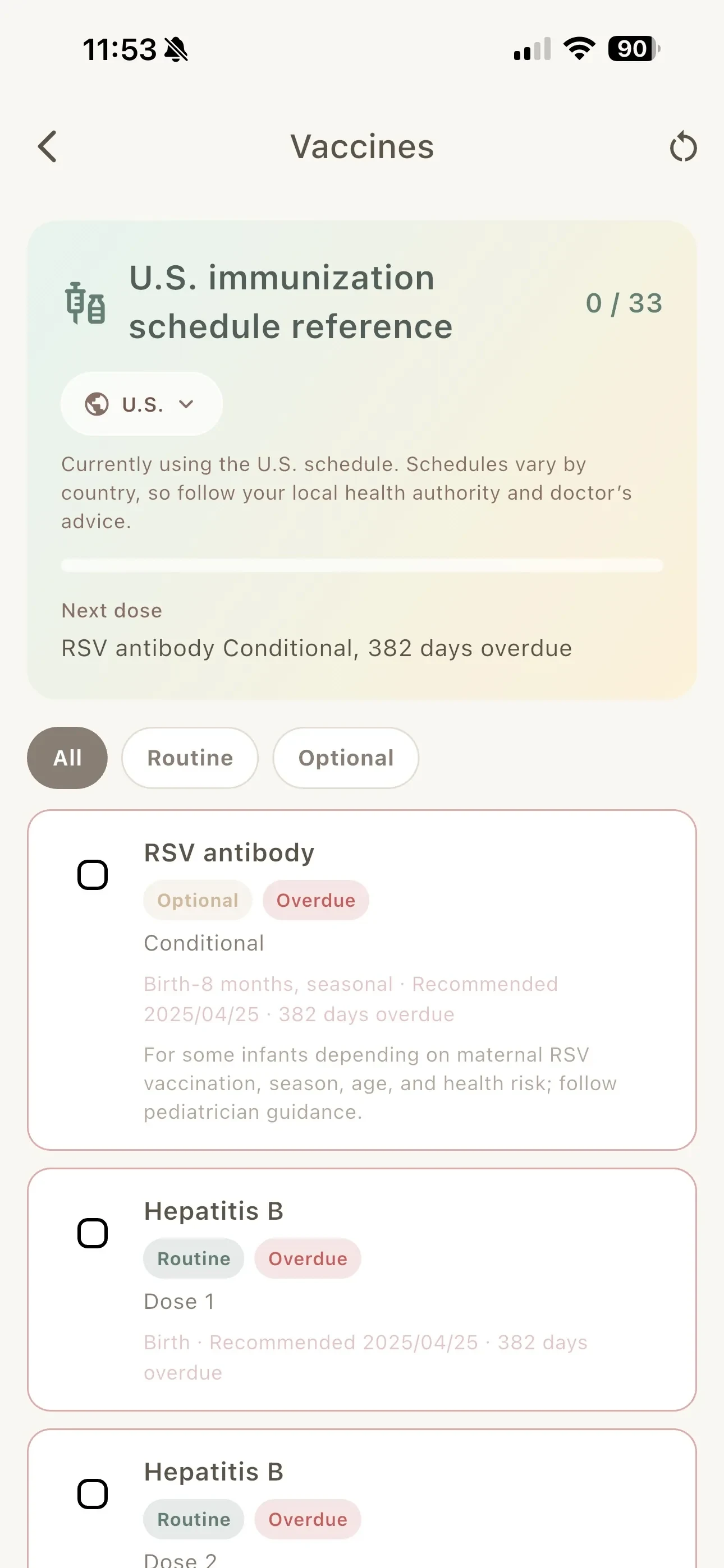 Vaccination schedules organized by location